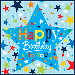 Birthday card design with colorful text and stars
