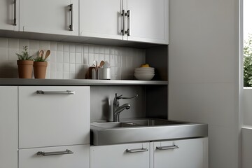 Kitchen cabinets with open doors, stainless steel sink and water tap, under view. White tiled wall backgound. 3d illustration
