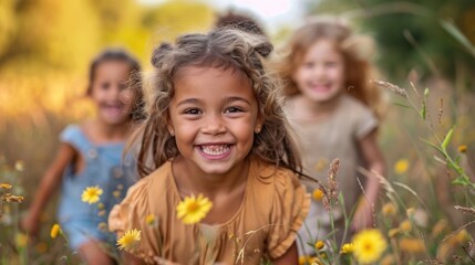small kids friends of different ethnicities enjoying a summer walk in the park on a warm summer sunny day. Happy children's day 1th of june concept .