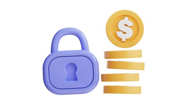 3D Icon Animation Stacks of coins with a lock and dollar sign. Transparant Background. Alpha Channel. Suitable for financial security, savings, investments, budgeting, and financial concepts.