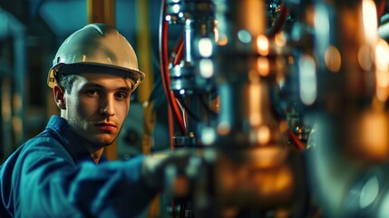 Fototapeta premium portrait photo of a fresh graduate mechanical engineer in a safety helmet, conducting equipment inspections and troubleshooting mechanical systems