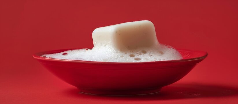 A single sugar cube is slowly dissolving in a bowl filled with foamy and bubbly water, creating a sweet solution