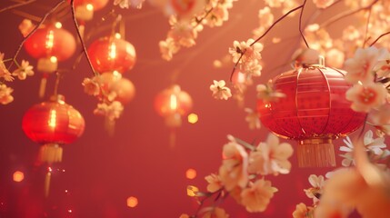 a simple chinese new year red background with three red lanterns aspect ratio 2:1