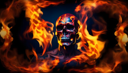 A person with a skull tattoo on their face, surrounded by flames and smoke