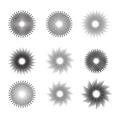 Radial Sunburst vector element. Vintage sun burst icon set, Sun icon in liner style.  Abstract sunburst vector illustration. Rays, beams, Abstract circular geometric shape design. Vector illustration
