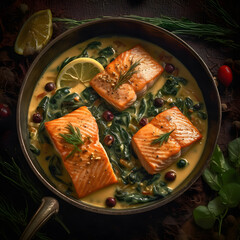 grilled salmon with vegetables in cream