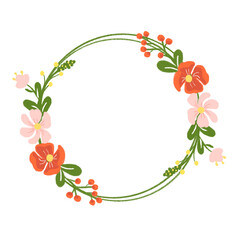 Handdrawn wreath of pink and red flowers