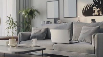 Fototapeta premium Modern living room interior with gray sofa and laptop. generative AI image