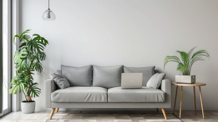 Modern living room interior with gray sofa and laptop. generative AI image