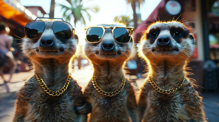 meerkats wearing sunglasses, mongoose wearing sunglasses, wildlife and nature. Wall Art Design for Home Decor, 4K Wallpaper and Background for desktop, laptop, Computer, Tablet, Mobile Cell Phone