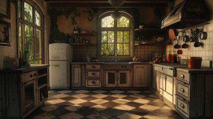A kitchen with a checkered flooring and a refrigerator, featuring a window framed with wood stain and a facade with symmetry