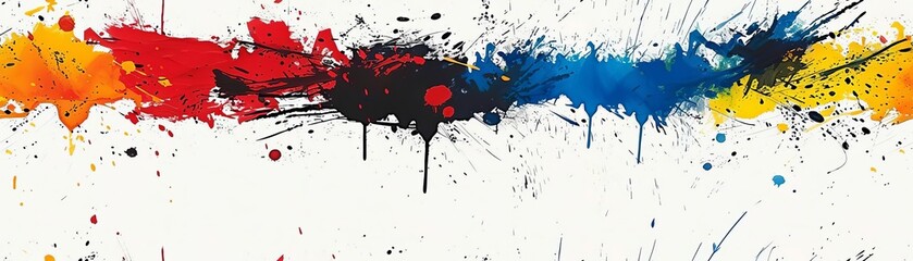 Abstract background with bold splashes of primary colors and black ink drips on a white canvas