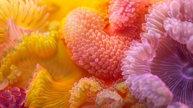 Bold and geometric shapes of vibrant yellows pinks and purples collide in a mesmerizing display of coralinspired textures..
