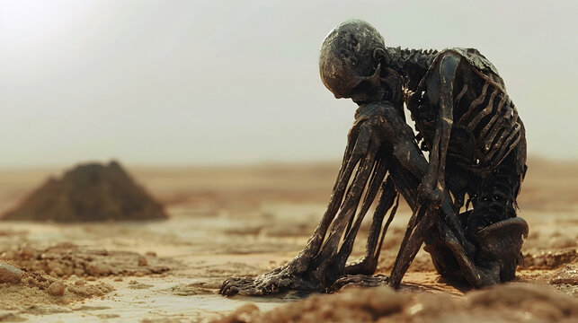 Emaciated Figure Enduring the Bleak Expanse of Starvation in Isolated 3D Render