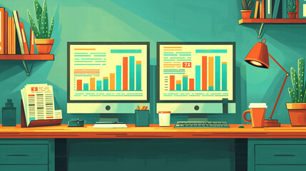 Retro-Styled Illustrated Trader's Desk with Market Data Charts on Dual Monitors - Creative Office Concept