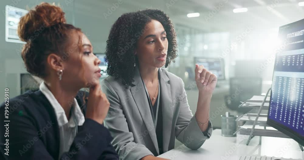 Poster Women in meeting, computer screen and stock market with dashboard, collaboration and investment stats online. Analyst for data analysis, information and numbers with graph and trading team review