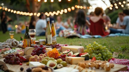 Festivalgoers lounge on blankets enjoying their samples alongside a spread of fresh fruits and cheeses.