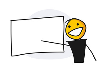 Happy smiling character pointing at blank empty whiteboard. Vector illustration presentation board template