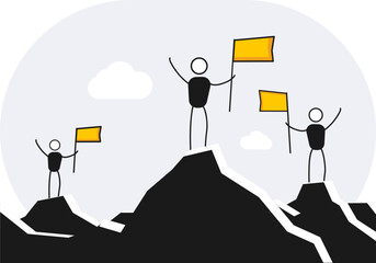 Team climbing the mountain and hollding flags at the peak tops. Vector illustration for business success, teamwork and partnership