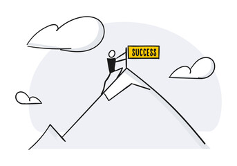 Character reaching top of the mountain with success flag on its peak. Vector illustration