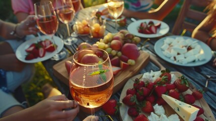 A group of friends sit outside on a warm summer night enjoying glasses of chilled nonalcoholic rosÃ© wine and platters of fresh fruits and creamy ricotta cheese.