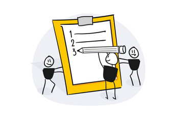 Team of small characters writing to do list business strategy. Vector illustration for teamwork