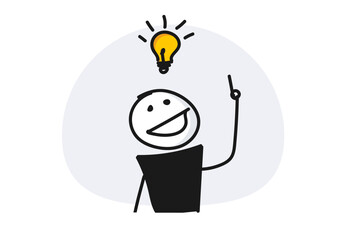 Smiling character having an idea with lightbulb above head and index finger pointing up. Vector illustration