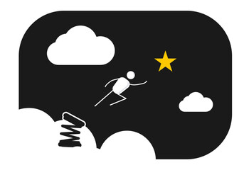 character in the clouds jumping in the sky and reaching the star. Vector illustration. Success, aspiration, goal, dreams achieving