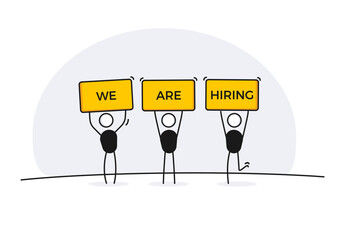 3 characters holding We are hiring signs. Vector illustration for job recruitment