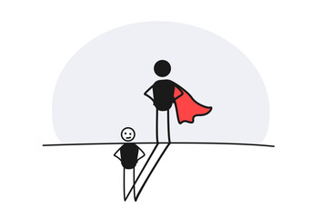 Confident character with superhero shadow and red cape. Vector illustration for confidence, ambition, leadership, success