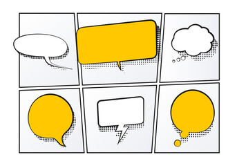 Set of vector comic book speech bubbles graphic elements. Retro cartoon with halftone shadow style