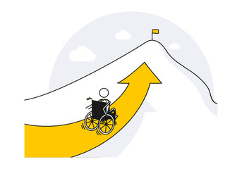 Character in a wheelchair climbing mountain with arrow pointing to the peak with a flag. Vector illustration for disabled person motivation, activity and success