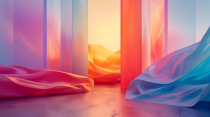Vibrant Fabric Installation Art Capturing Movement and Color at Twilight. Generative AI