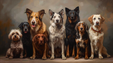 A diverse group of dogs from different breeds are sitting together, showcasing the beauty of dog breeds. Some are companion dogs, others water dogs, and all are part of the carnivore group