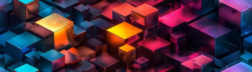3D Geometric Shapes Background Illustration  Cascading 3D geometric shapes in a spectrum of neon colors against a dark, minimalist backdrop