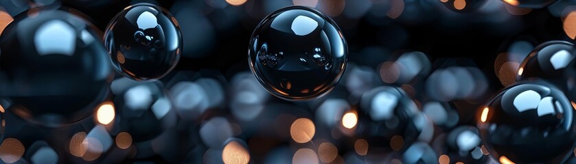 3D digital art background featuring floating metallic spheres over a dark, moody gradient