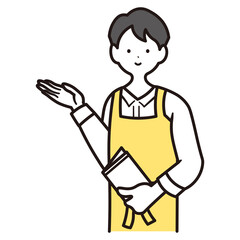 案内をするカフェで働く黄色いエプロンをした男性スタッフの上半身イラスト素材