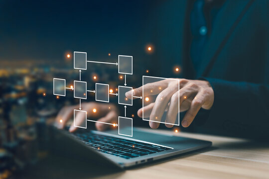 businessman using a laptop shows a business process hierarchy scheme, and diagram algorithm flow. organigram design workflow automation with flowcharts, model structure digital and data management