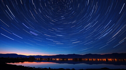star trails over a lake at night
