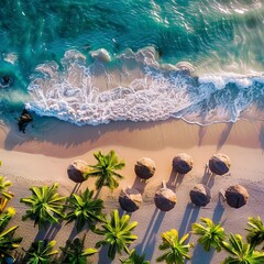 Aerial view of umbrellas, green palms on the sandy beach at sunset. Summer days in beach