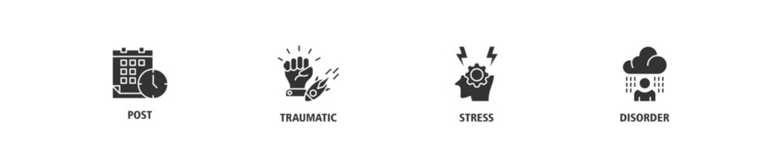PTSD banner web icon set vector illustration concept of post, traumatic, stress and disorder with icon of calendar, time, rocket attack, war, house on flame, headache and disability