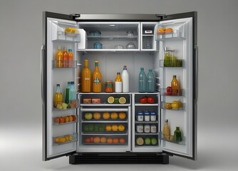 Modern side by side Stainless Steel Refrigerator. Fridge Freezer Isolated on a White Background. 3d rendering
