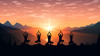 Silhouettes of individuals practicing yoga poses at sunrise with a majestic mountain backdrop, evoking serenity and balance.
