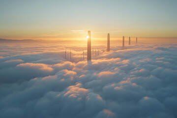 A wind farm rises above a thick blanket of morning fog - Powered by Adobe