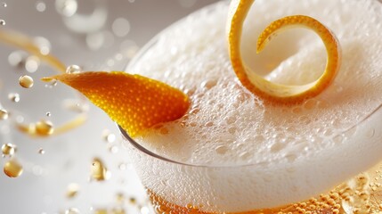 A closeup of a drink being poured frothy foam at the top with a twist of citrus peel garnishing the rim.