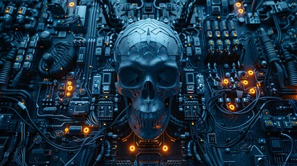 A skull with a glowing blue brain sits on a table. Wires and cables are connected to the skull.