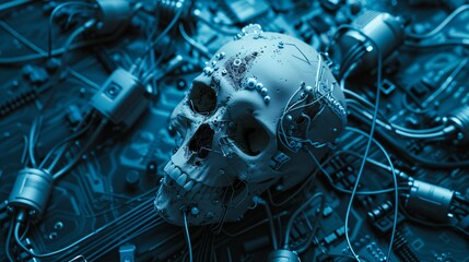 A skull with a glowing blue circuit board background.