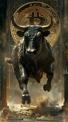 a moving bull with bitcoin logo as background web banner cover