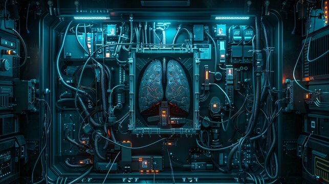 A steampunk mad scientist's laboratory with a lung in a central control block.