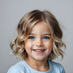 a little girl with blue eyes and a white shirt with a blue eyes.